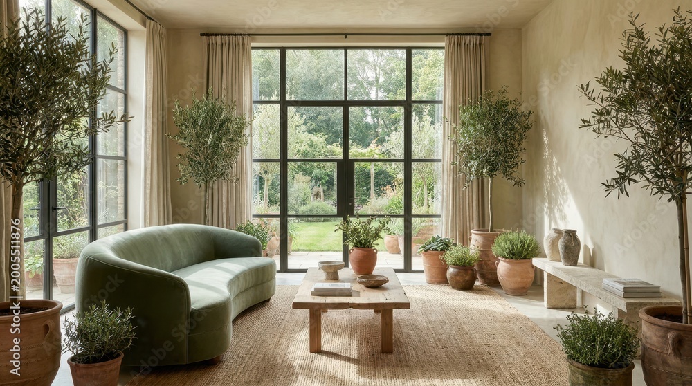 Fototapeta premium Elegant living room with curved sofa and large windows overlooking a garden