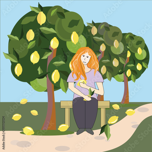 A girl in a lemon garden sits on a bench with lemons in her hands near a path flat design stock vector illustration