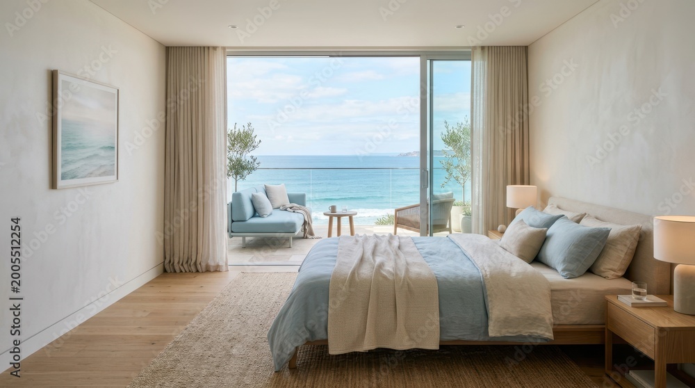 Fototapeta premium Serene bedroom with ocean view and balcony, perfect for relaxation
