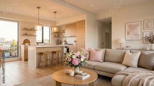 Modern open-plan living room and kitchen with natural light and neutral tones