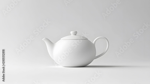 Elegant white ceramic teapot presented with minimalist simplicity on a pristine light background, emphasizing clean lines and a classic, functional design for beverage service