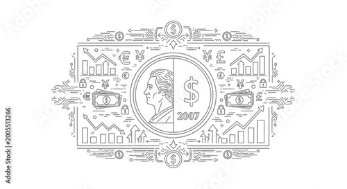 Bild auf Leinwand Concept of global financial market with currency symbols and data charts in line art style