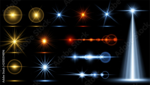 Collection of colorful light effects and bokeh flare designs on transparent background