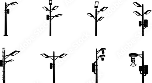 Smart street lamp lighting technology pole light city infrastructure eps graphic icon set.