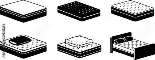 Mattress and bed icon collection for bedroom interior design flat silhouette eps graphics.