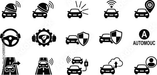 Autonomous vehicle and smart car driving technology icons collection in vector eps format.
