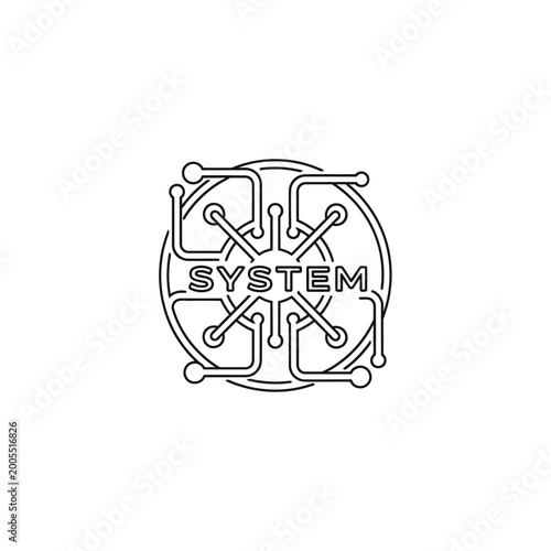 A stylized system logo with circuit board design.