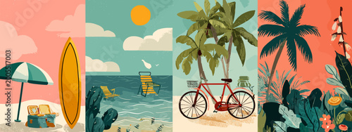 Foto Colorful Vintage Summer Beach Scene with Sailboat, Bicycle, Umbrella, and Tropic