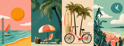 Fényképezés Colorful Vintage Summer Beach Scene with Sailboat, Bicycle, Umbrella, and Tropic