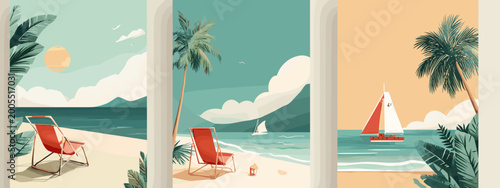 Fényképezés Colorful Vintage Summer Beach Scene with Sailboat, Bicycle, Umbrella, and Tropic