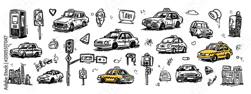 Canvas Print Collection of Cartoon Style Taxi and Traffic Icons with Signage in Black and Whi
