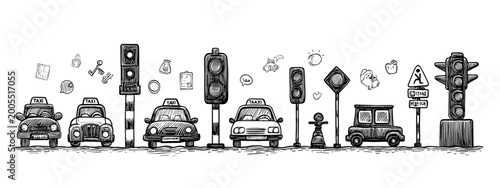 Konstfotografi Collection of Cartoon Style Taxi and Traffic Icons with Signage in Black and Whi