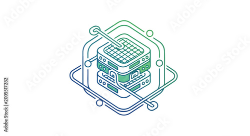 Isometric data server icon in thin line style, cloud computing and database storage vector, blue and green gradient network hardware illustration