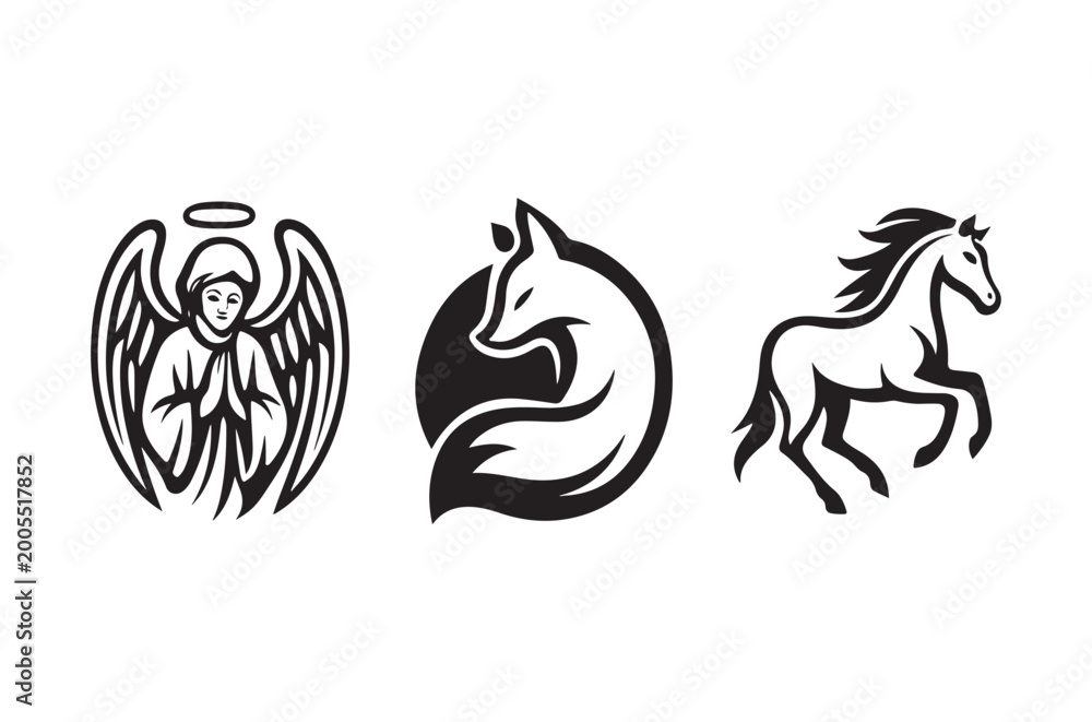 Obraz premium Black and white illustrations of an angel fox and horse