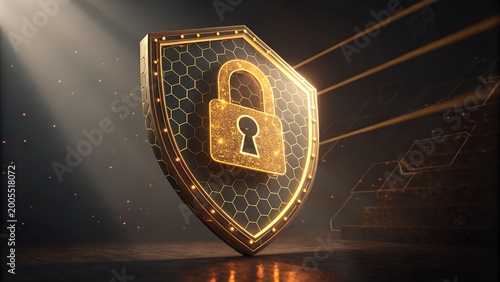Golden Shield with Glowing Padlock, Cybersecurity Protection 3D Render on Dark Background