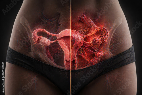Healthy vs Endometriosis Affected Female Reproductive System Comparison, Uterus and Ovarian Disease Visualization