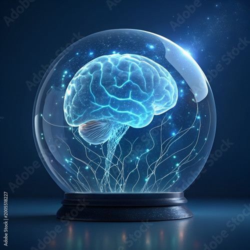 Glowing Blue Human Brain Inside Crystal Glass Sphere with Neural Network Connections, Artificial Intelligence and Neuroscience 3D Render Concept