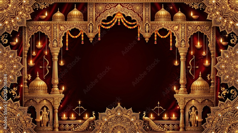 Fototapeta premium Golden ornate Indian traditional backdrop with decorative elements and illuminated lanterns, perfect for festive celebrations and cultural events