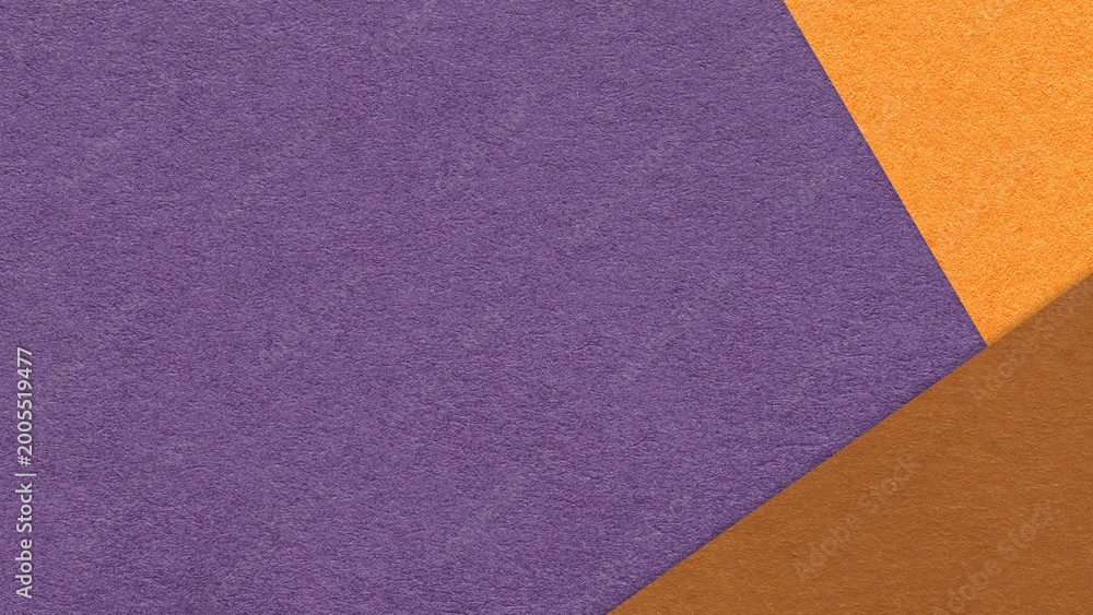 Fototapeta premium Dark violet textured paper background with orange brown triangular corners and copy space. Template for presentation, banner