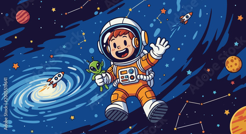 Tableau sur toile Happy cartoon child astronaut floating in outer space with a cute alien friend