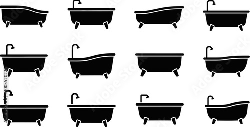 Bathroom bathtubs icons set with shower heads in black silhouette vector format eps.