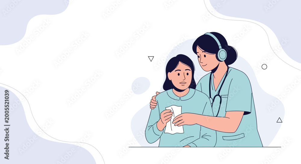 Obraz premium Nurse comforting distressed patient with headphones, mental health support concept