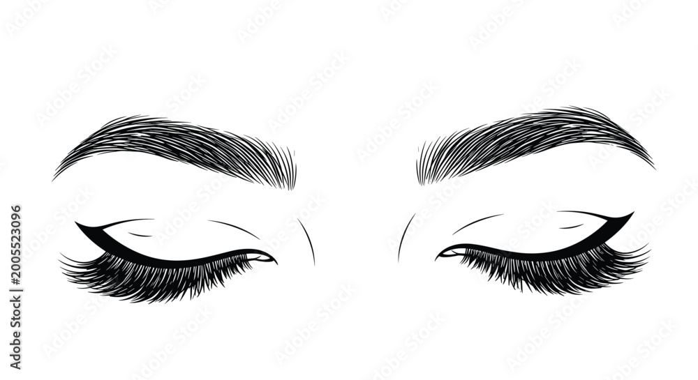 Fototapeta premium Minimalist black and white line art illustration of closed human eyes with long thick eyelashes and perfectly shaped eyebrows.