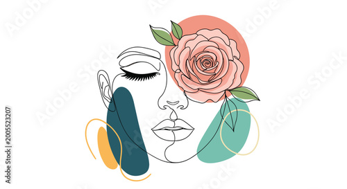 Artistic continuous line drawing of a woman face decorated with a large pink rose and abstract colorful shapes on white.