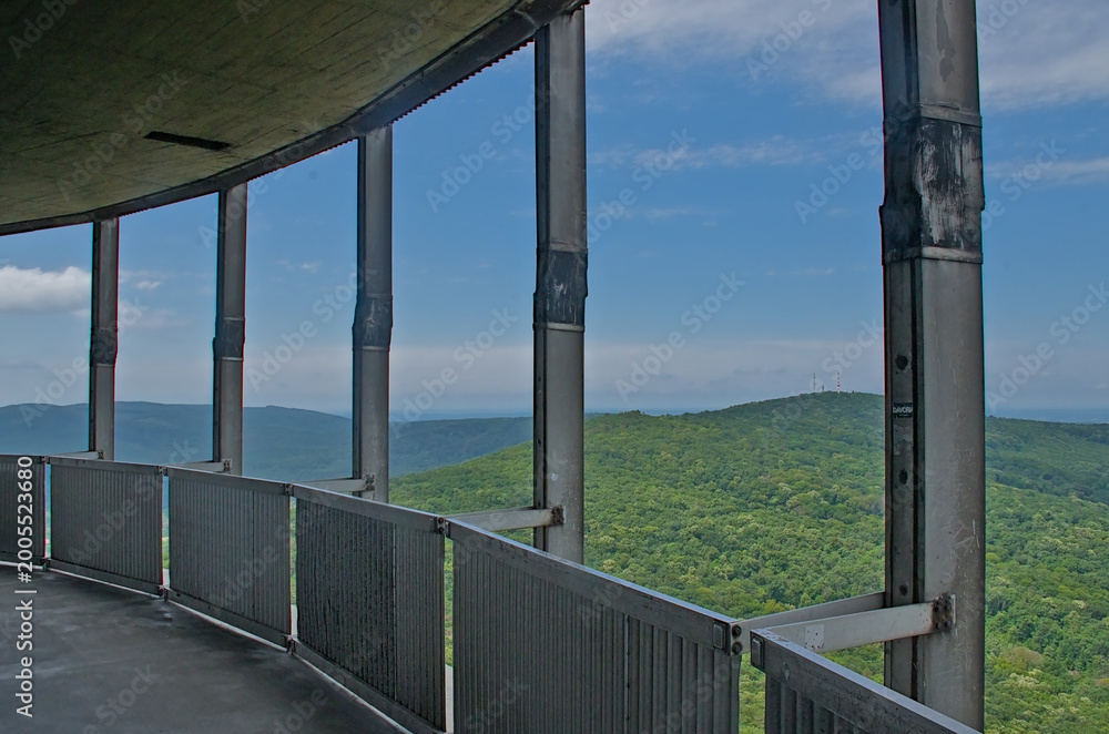 Fototapeta premium Viewing platform over the Hungarian landscape of Pecs TV tower. 