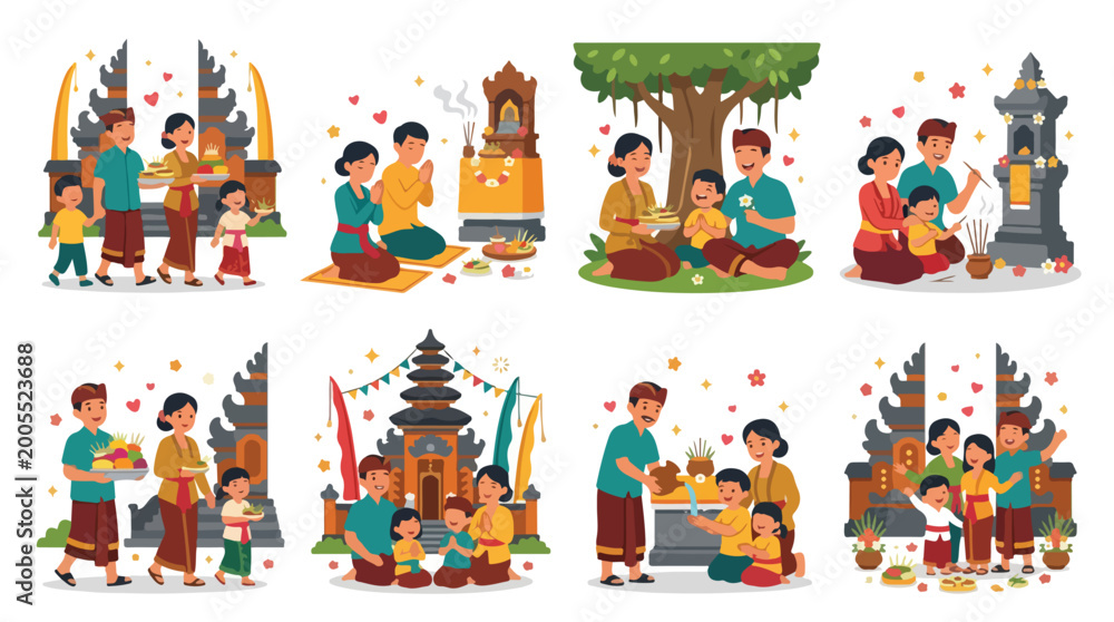 Fototapeta premium Set of cartoon stickers depicting Balinese Hindu religious ceremonies and traditional daily offerings.