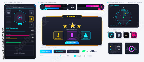 Futuristic game UI asset kit with neon dark panels, character status screen, victory rewards popup, tactical radar, wallet and controls.