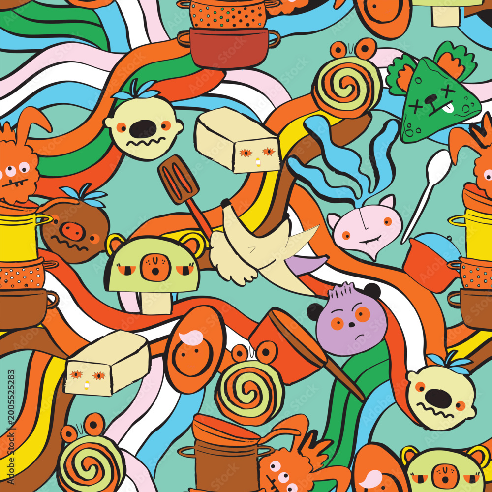 Obraz premium Diverse colorful animal seamless pattern illustration set. Funny multicolor hand community background print. Friend team, business teamwork or community hands together drawing collection.