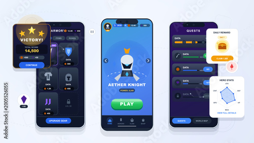 Fantasy mobile game interface set with hero play screen, armor inventory, victory popup, quest list, daily reward card and stats widgets