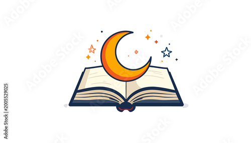Open book with a crescent moon and glowing stars above