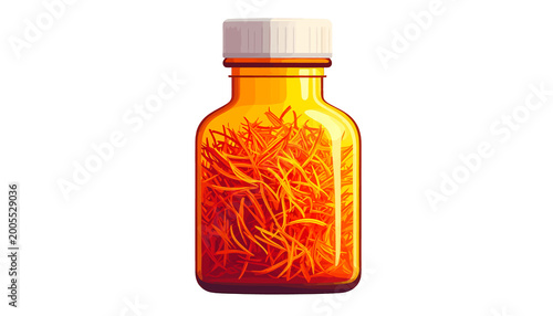 Amber vial filled with vibrant threads, sealed with a white cap