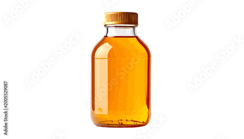 Clear glass bottle filled with amber liquid and a golden cap