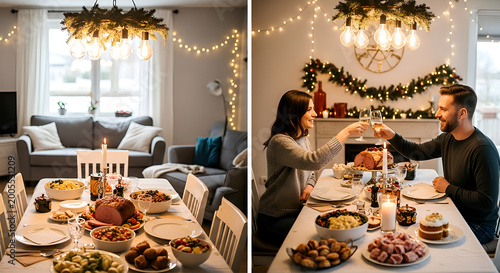 Warm and inviting festive dining scene with a beautifully decorated table, delicious holiday feast, sparkling lights, and elegant garlands for memorable celebrations