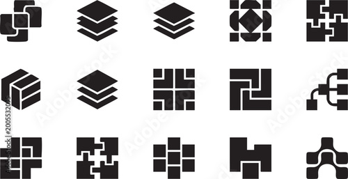 Puzzle and layered icon collection, block, cube, and abstract geometric shapes set.