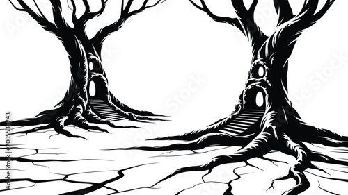 Quadro su tela Mystical Ancient Tree Portal Landscape with Hollow Trunks Twisted Roots and Fant
