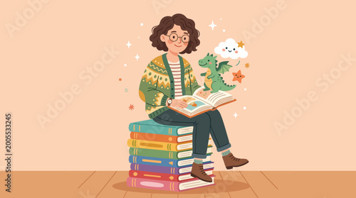 A whimsical illustration of a woman reading a fantasy book with a friendly dragon, evoking imagination and magical storytelling