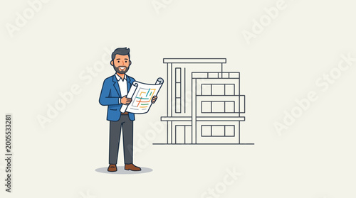 Architect reviewing building plans in front of a modern house
