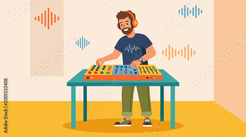 Energetic DJ mixing tracks with a colorful sound board, headphones on, creating vibrant music vibes
