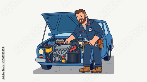 A sharp, flat illustration of a skilled professional mechanic performing car repair and maintenance on an automobile engine