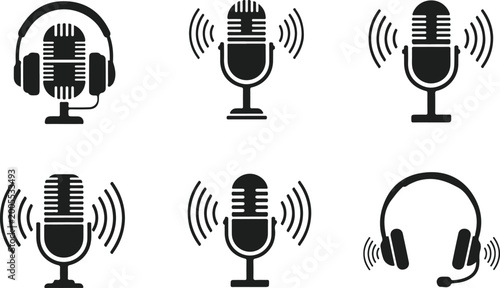 Tableau sur toile Set of microphone and headphone icons for podcast, radio, and audio recording