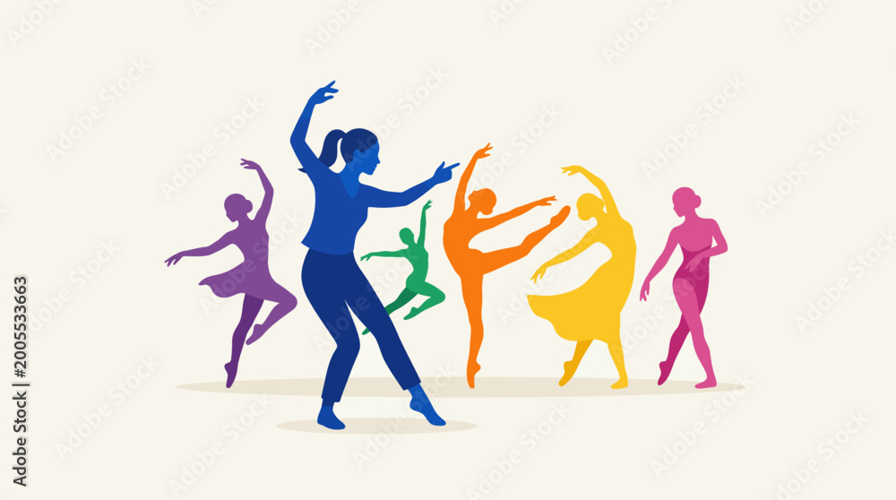 Obraz premium Diverse group of people dancing in various graceful poses in a vibrant artistic illustration