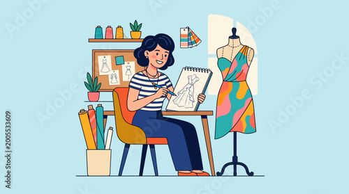 Fashion designer sketching a new dress at her desk with mannequin