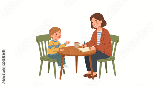 Woman and boy at table, woman writing and boy talking, illustration