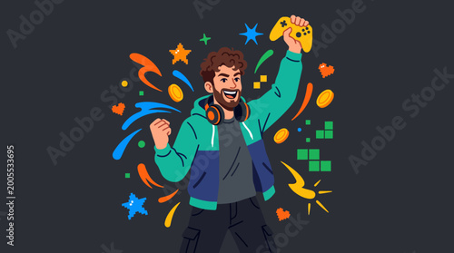 Konstfotografi Excited Gamer Celebrating Victory with Joyful Expression and Colorful Graphics