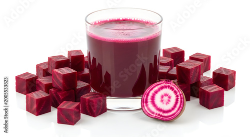 A glass of beet juice surrounded by cubed and sliced beets on a white background