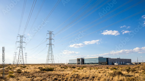 Power lines near industrial building AI data centers IT words + concept